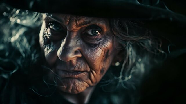 Old and scary witch with a big hat, old witch in a black dress and a magic hat. Halloween	