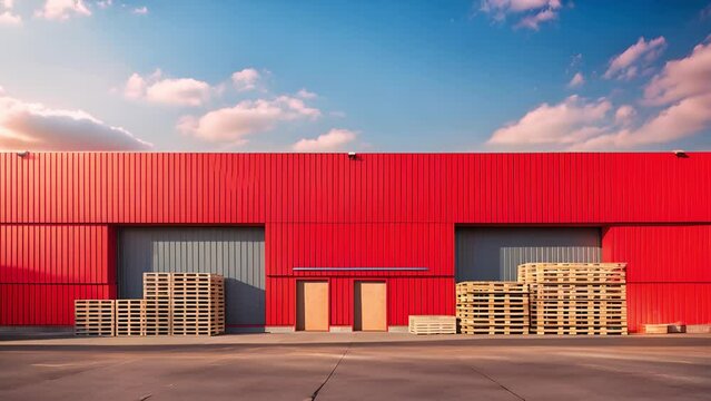 Exterior of an industrial warehouse with red walls and roof. Wooden pallets are stacked on one side of it on a sunny day	