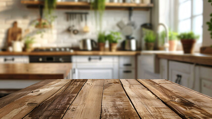 Empty wooden table and blurred kitchen background