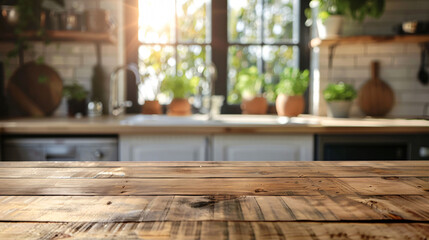 Empty wooden table and blurred kitchen background