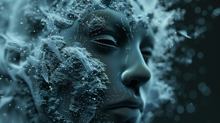 A face made of particles and snowflakes, with a statue head in the background. 3D rendering in a close-up, cold tone view with blue and gray tones. 