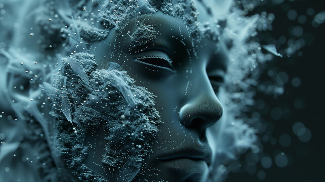A face made of particles and snowflakes, with a statue head in the background. 3D rendering in a close-up, cold tone view with blue and gray tones. 