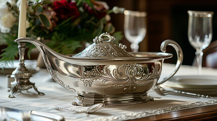 A silver gravy boat, with an elegant curved handle and intricate filigree, placed on a linen-covered dining table set for a formal dinner.