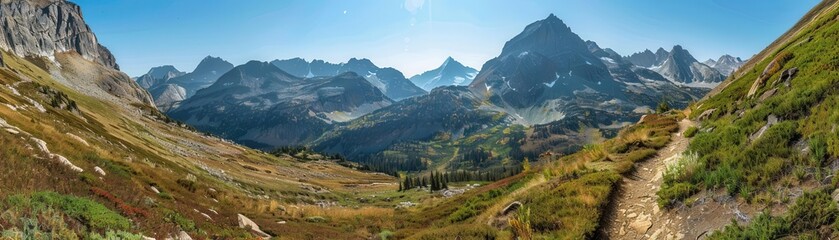 Fototapeta premium exploration, journey, discovery, mountain trail, breathtaking vistas, hike