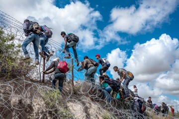 Illegal immigrants crossing border fence with barbed wire hole.