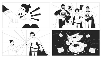 Opening musical talent black and white line illustration set. Multiracial heroes team supporting creativity 2D characters monochrome background. Arts outline scene vector image collection