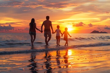 Silhouetted family on beach at dusk. Embracing togetherness by the coast.