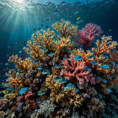 Obraz premium Beneath the rippling waves lies a bustling coral reef teeming with life, a vibrant and colorful underwater ecosystem. In this stunning photograph, the reef is a kaleidoscope of hues