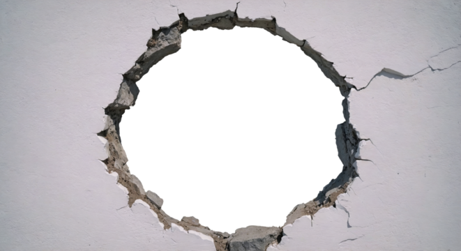 A hole breaking through a white wall, cut out , isolated on a transparent background. Perfect for graphic design and creative projects.







