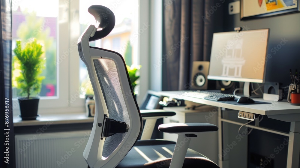 Poster A white mesh office chair with a headrest sits in front of a window, facing a desk with a computer monitor. The chair is turned towards the window, and the desk is partially visible.