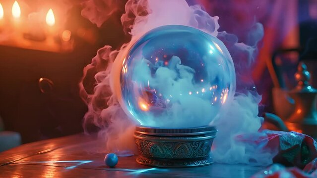 Crystal ball with occult equipment and mysterious smoke. Magical header	