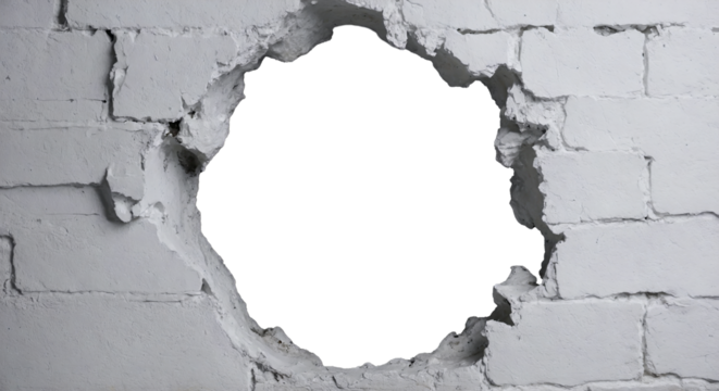 A hole breaking through a white wall, cut out , isolated on a transparent background. Perfect for graphic design and creative projects.






