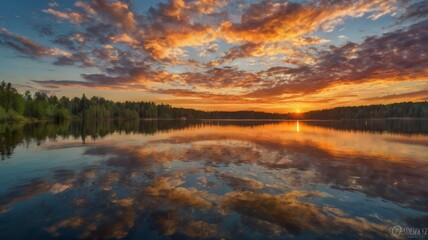 Dreamy Sunrise Panorama Stunning Sky and Reflective Lake