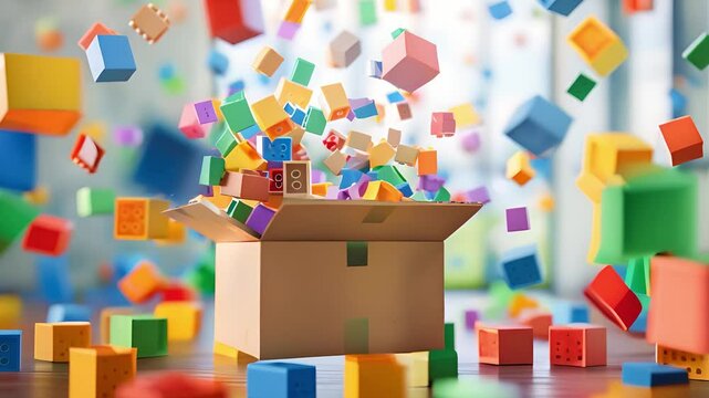 Cardboard box in air full of colorful toy bricks which are flying out and floating outside, Children goods, Toys and games