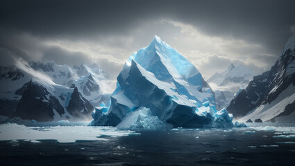 A large iceberg stands in a frozen ocean, surrounded by mountains and smaller ice floes. The sky is dark and cloudy.


