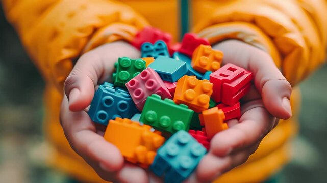 Hands holding colorful toy plastic bricks, and blocks for building toys
