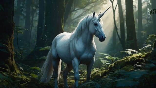 Majestic white unicorn with spiraling horn staniding in the mystical misty forest surrounded by trees. Mythical monocerus single horned horse creature fantasy illustration concept wallpaper.