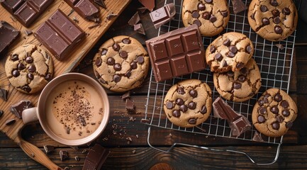 chocolate chip cookies on a wire rack with a cup of hot chocolate and pieces of milk chocolate bars, top view, wooden table background, food photography