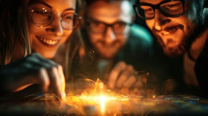 Fototapeta premium Enthusiastic Friends Playing a Board Game Together with Glowing Effects and Excitement