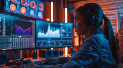 A woman in headphones studies financial data on multiple screens at a desk, using a mouse to analyze a trend line on the central monitor.