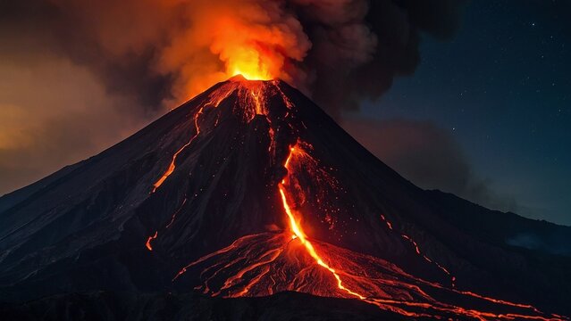 An epic shot of a volcano erruption with smoke clouds and flowing hot lava. Scenic view of a smoking volcano mount peak with cloud of ashes over the sunset sky.	