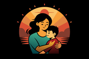 Mom and son are hugging and spread happiness in the sunrise T-shirt design. vector art illustration