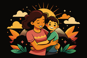 Mom and son are hugging and spread happiness in the sunrise T-shirt design. vector art illustration