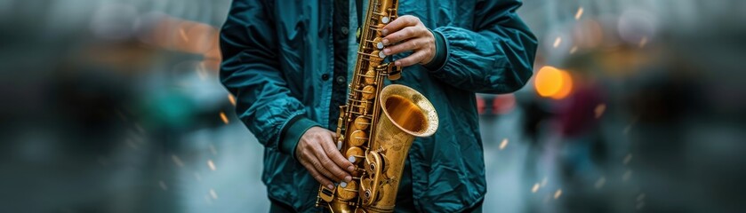 Obraz premium Close-up of Musician Playing Saxophone on City Street with Blurred Background and Bokeh Lights