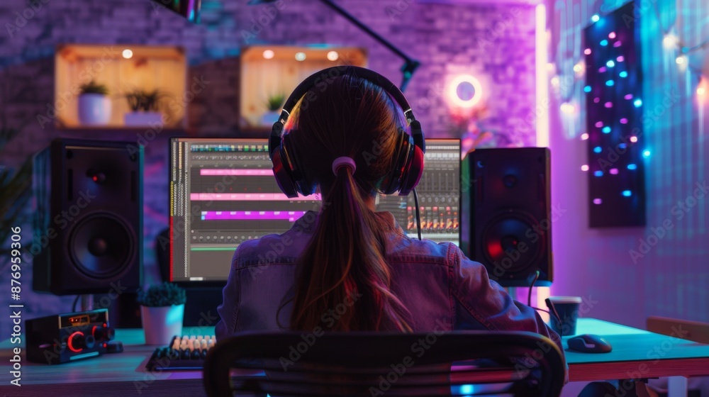 Poster a woman sits in front of a computer, wearing headphones and working with audio mixing software. the 