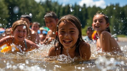 Obraz premium Children enjoying water activities in summer season sunset