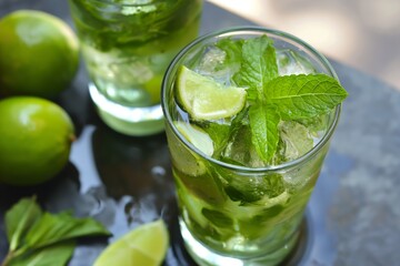 A refreshing glass of mojito with lime slices, mint leaves, and ice, perfect for a cool summer beverage.