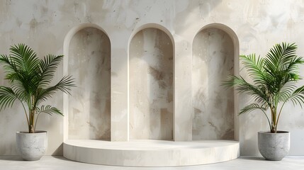 Fototapeta premium Modern Concrete Podium: Empty Round Stand with Shadows and Tropical Accents for Fashion Advertising