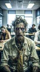 Fototapeta premium A zombie with decayed skin and tattered clothing sits in an office environment.