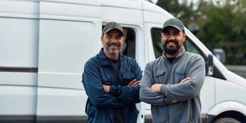 A team of smiling professionals in uniform, working together in delivery and transportation services with a van and truck outdoors.