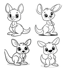 Set of Cute Vector Illustration of a Baby Kangaroo for Coloring Page and Animal for Stickers, Prints for Clothes, Baby Shower.