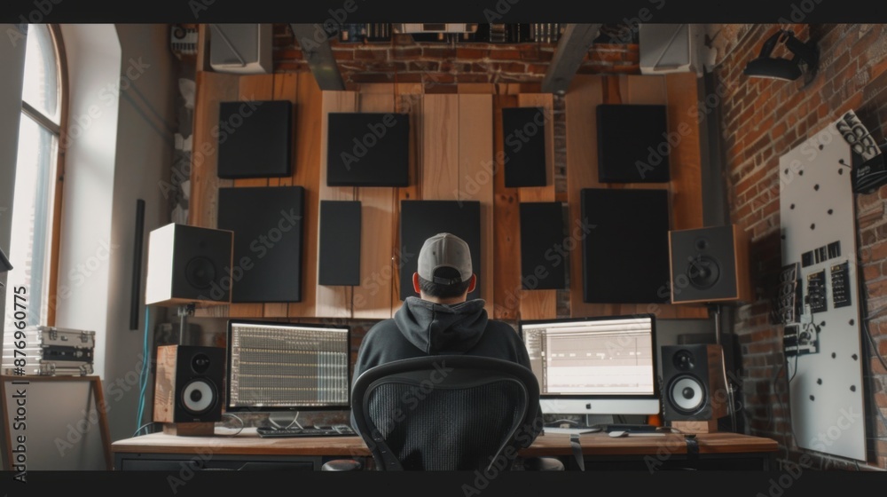 Poster A man sits at a desk in a home studio, working on a computer with multiple monitors and sound equipment. There are acoustic panels on the wall behind him.