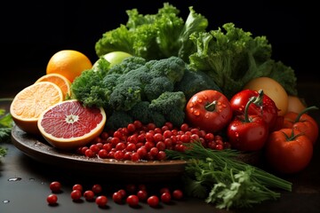 a set of fresh vegetables, spices and herbs, on a plate, delicious food