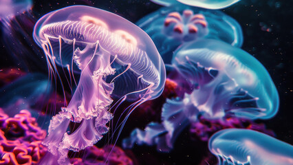 A captivating underwater scene showcasing glowing jellyfish with vibrant colors, illuminating the marine environment. Perfect for nature and wildlife enthusiasts.