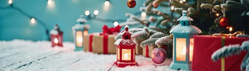 Frost-covered lanterns lighting up a cheerful Christmas street