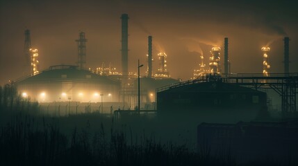 Fototapeta premium Energy Sector Scene Featuring Large Refinery Buildings, Emission Towers, And Foggy Illumination For Industrial-Themed Applications