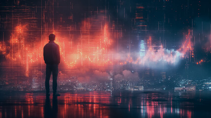 A lone figure amidst swirling blue code, a digital astronaut lost in the vast expanse of the internet