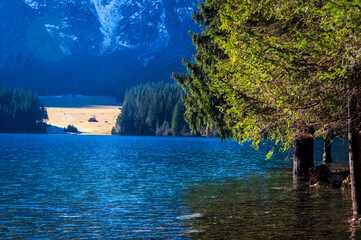 Morning in the Fusine lakes valley. Autumn reflections.