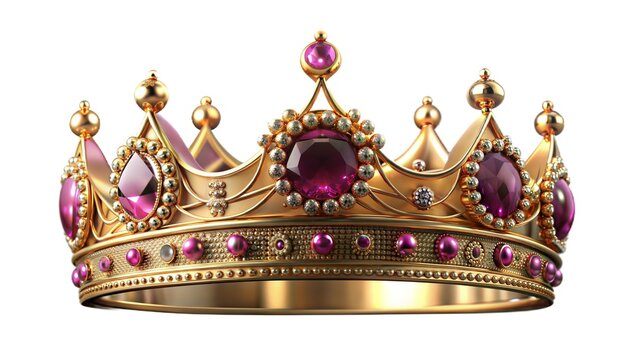 Elegant golden crown adorned with pink gemstones and diamonds in 3D illustration