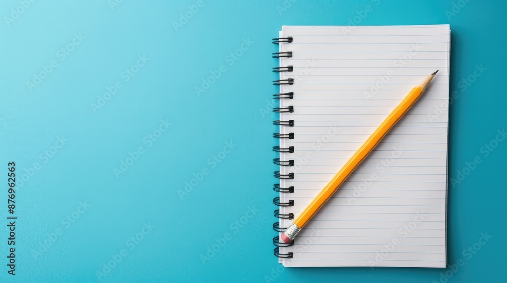 Poster desk with notepaper and pencil on blue background minimal design