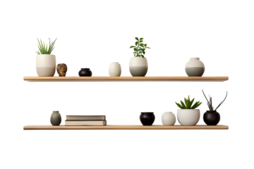 A Minimalist Shelf Display With Succulents and Vases on a White or Clear Surface PNG Transparent Background