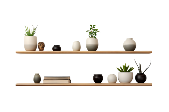 A Minimalist Shelf Display With Succulents and Vases on a White or Clear Surface PNG Transparent Background