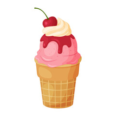 Cherry Ice Cream with whipped cream and syrup in waffle cup. Ripe berry Cool refreshing dessert Hand drawn flat style isolated cheerful and summery appearance. Vector illustration