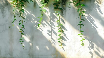 This image features several green vine strands suspended down a white stucco wall. The sunlight casts intricate leafy shadows on the wall, creating an elegant design.