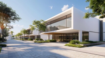 Modern industrial park, streamlined buildings with high-tech facilities, designed for efficiency and sustainability, showcasing industrial innovation