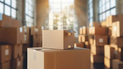 An overview of neatly stacked cardboard boxes in a large, brightly lit warehouse, indicating readiness for shipping or storage. Sunlight enhances the vastness and organization.